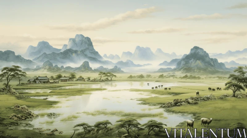 Tranquil Asian Landscape by the Lake | Traditional African Art AI Image