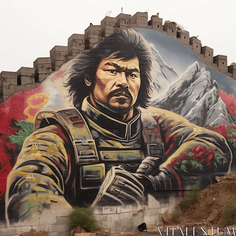 Powerful Mural: Asian Man Carrying Rifle in Northern China's Terrain AI Image
