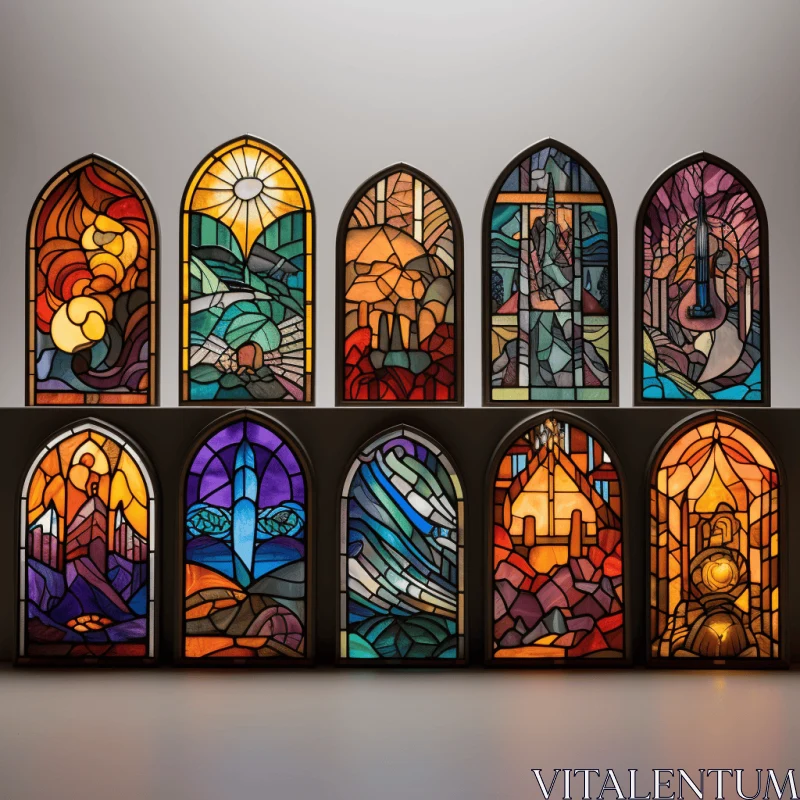 Vibrant Stained Glass Windows: Reimagined Religious Art in Monochrome Landscapes AI Image