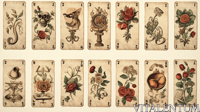 Vintage Playing Cards with Roses - Macabre Realism and Surrealist-Inspired Design AI Image