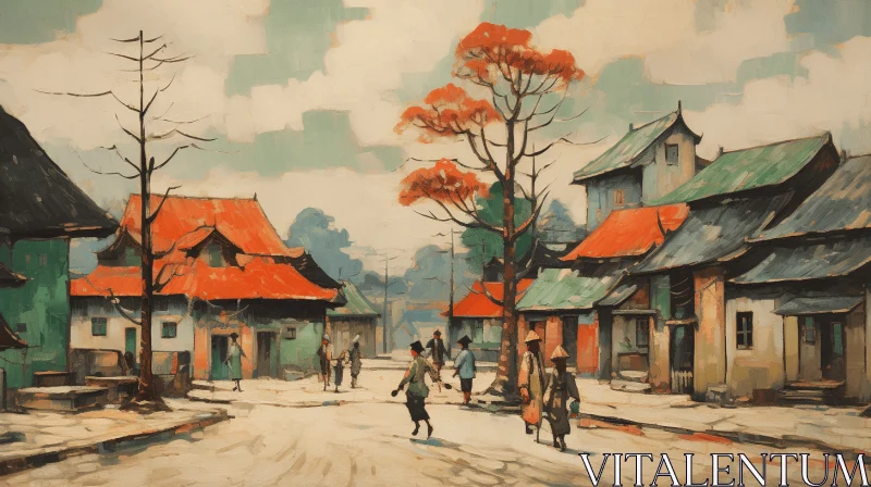 Captivating Village Painting with Asian-Inspired Style AI Image