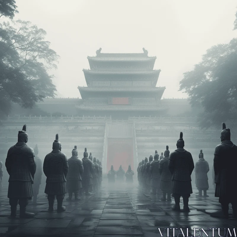 Mysterious Soldiers in front of a Foggy Ancient Building | Confucian Ideology AI Image