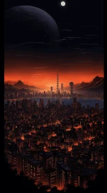 Captivating Cityscape with Orange Colored Sky | Scifi Minimalistic Art