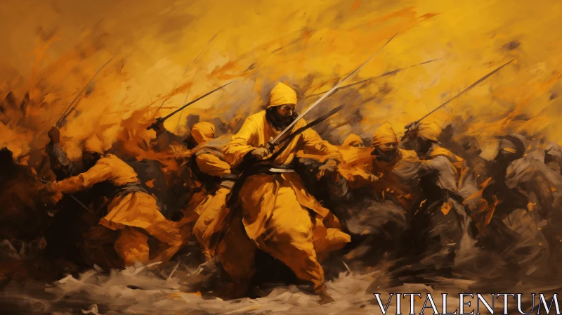 Captivating Painting of an Epic Battle in Vibrant Yellow and Orange AI Image