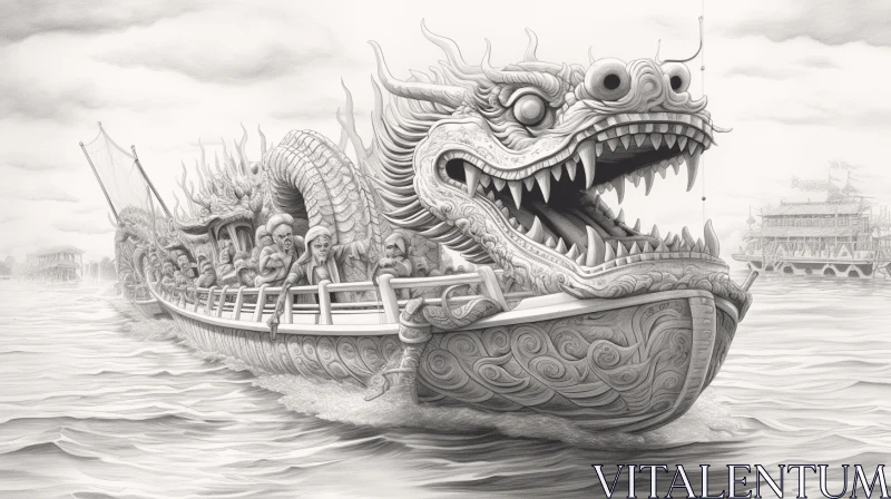 Dragon on Boat: Realistic and Hyper-Detailed Monochrome Drawing AI Image