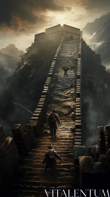 Enchanting Great Wall with Characters Climbing | Atmospheric Realism AI Image