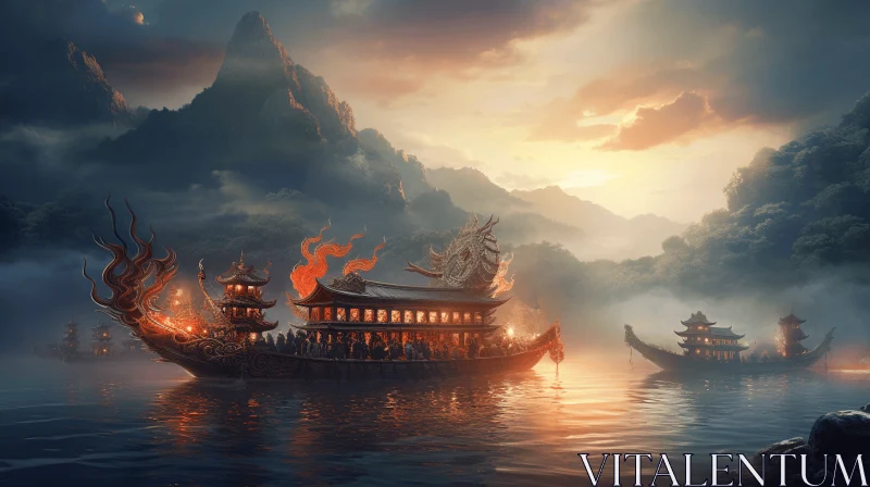 Dragon Boats with Flames and Mountains - Captivating Chinapunk Art AI Image