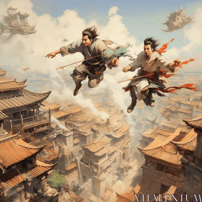 Epic Fantasy Art: Two People Soaring Above a Vibrant City AI Image