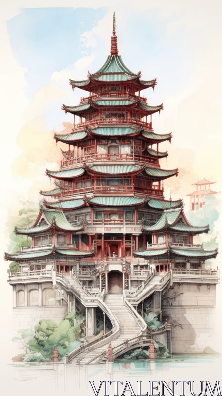Realistic Chinese Pagoda Painting with Detailed Illustrations AI Image
