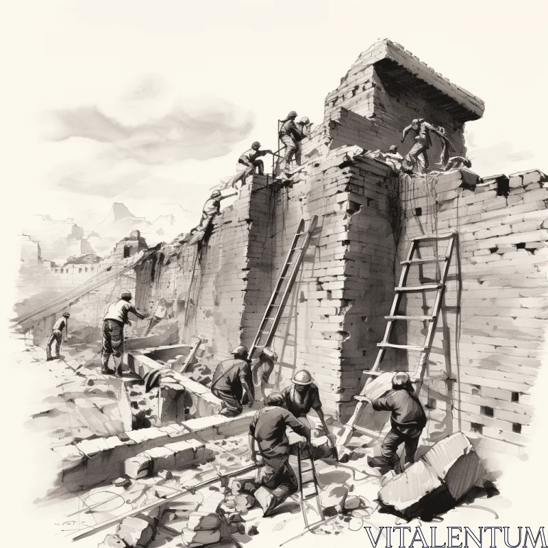 Men Building a Grand Fort: Monochrome Toning Digital Illustration AI Image