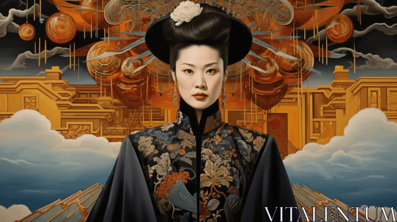 Enigmatic Oriental Woman in the Sky - Captivating Artwork AI Image