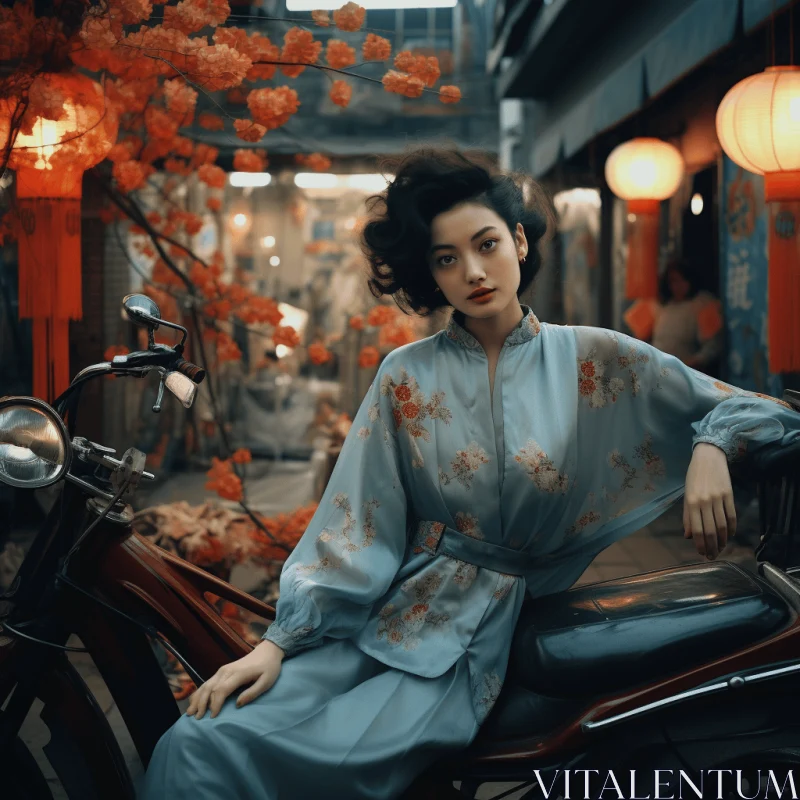 Enchanting Woman on Motorcycle near Red Lanterns in Dreamy Alleyway AI Image
