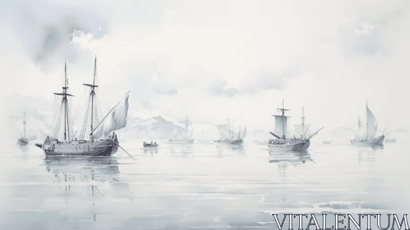 Serene Watercolor Painting of Sailing Ships on Calm Waters AI Image
