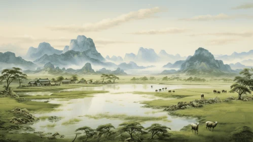 Tranquil Asian Landscape by the Lake | Traditional African Art