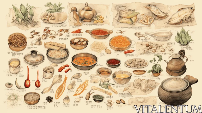 Rustic Renaissance Drawing of Oriental Recipe | Artistic Food Illustration AI Image