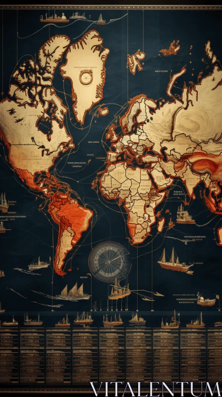 Vintage World Map with Old Ships | Dynamic Chiaroscuro Art AI Image