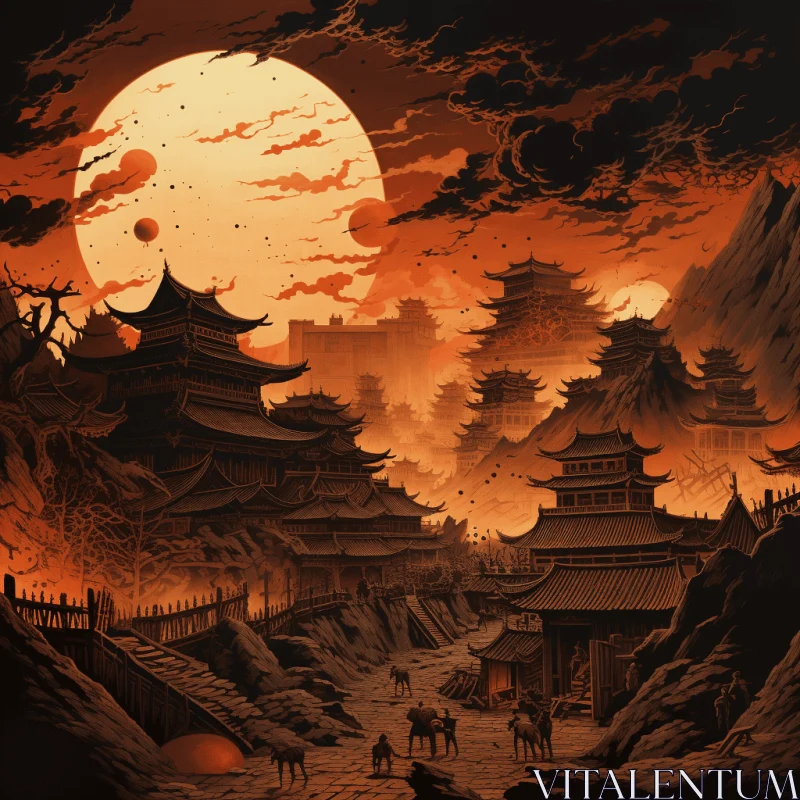 Enchanting Asian Landscape Drawing with Red Sun and Buildings AI Image
