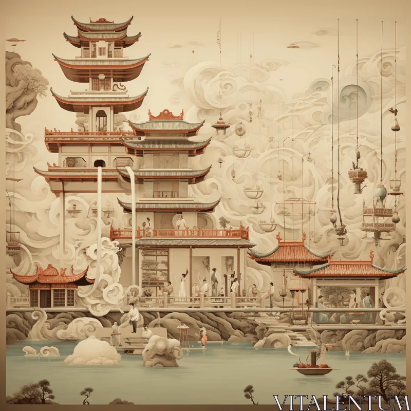 Intricate Asian City Illustration with Surreal Elements AI Image