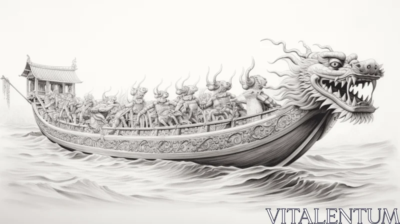 Captivating Dragon Boat Drawing - Surrealistic Pencil Sketch AI Image