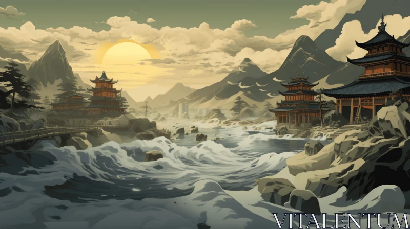 Enchanting Asian Fantasy Illustration with River | Captivating Artwork AI Image