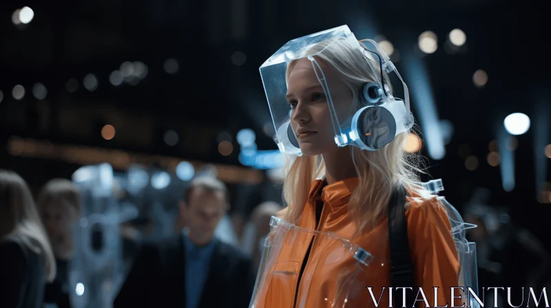 AI ART Futuristic Fashion: Transparent Suit and Headphones in Dystopian Atmosphere
