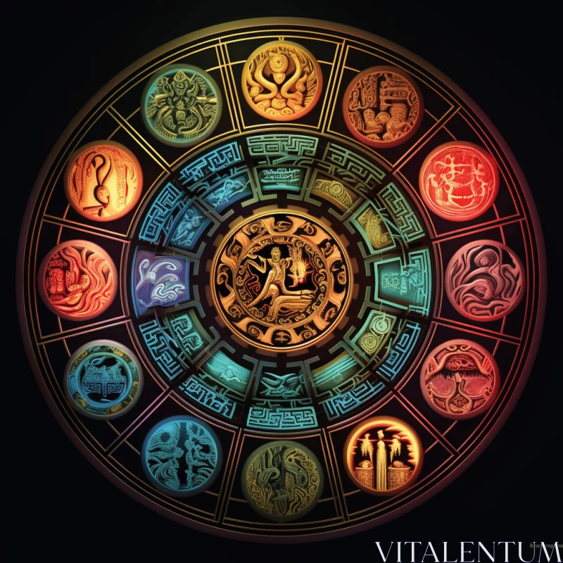 Intricate Aztec Calendar Wheel Illuminated by Colored Lights AI Image