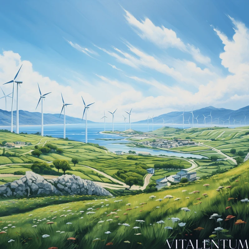 Captivating Wind Farm Landscape Painting | Sustainable Energy Art AI Image