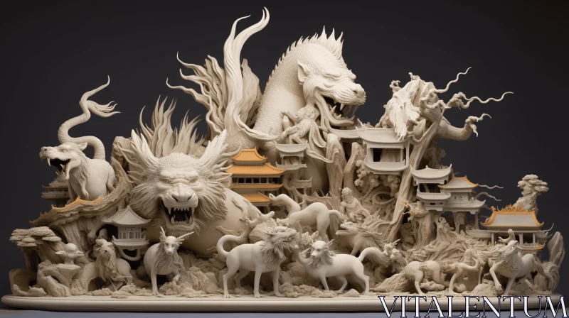 Intricate Cityscape with Taiwanese Dragons and Mythical Creatures AI Image