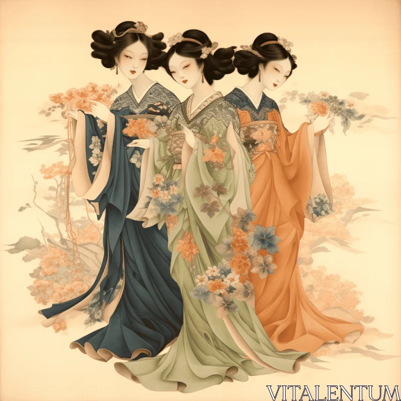 Elegant Geisha: Vintage Oriental Dresses and Delicate Flowers AI Image