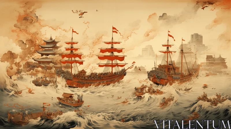 AI ART Fierce Battle of Sailing Ships on Stormy Waves | Ancient Chinese Art Inspired