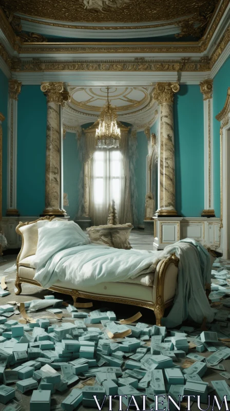 Surreal Ornately Decorated Bedroom with Gold Accents AI Image