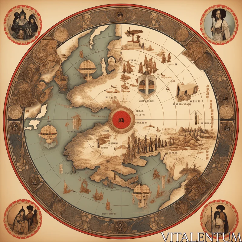 Realistic Fantasy Map of the World - Historical Genre - Circular Shapes AI Image