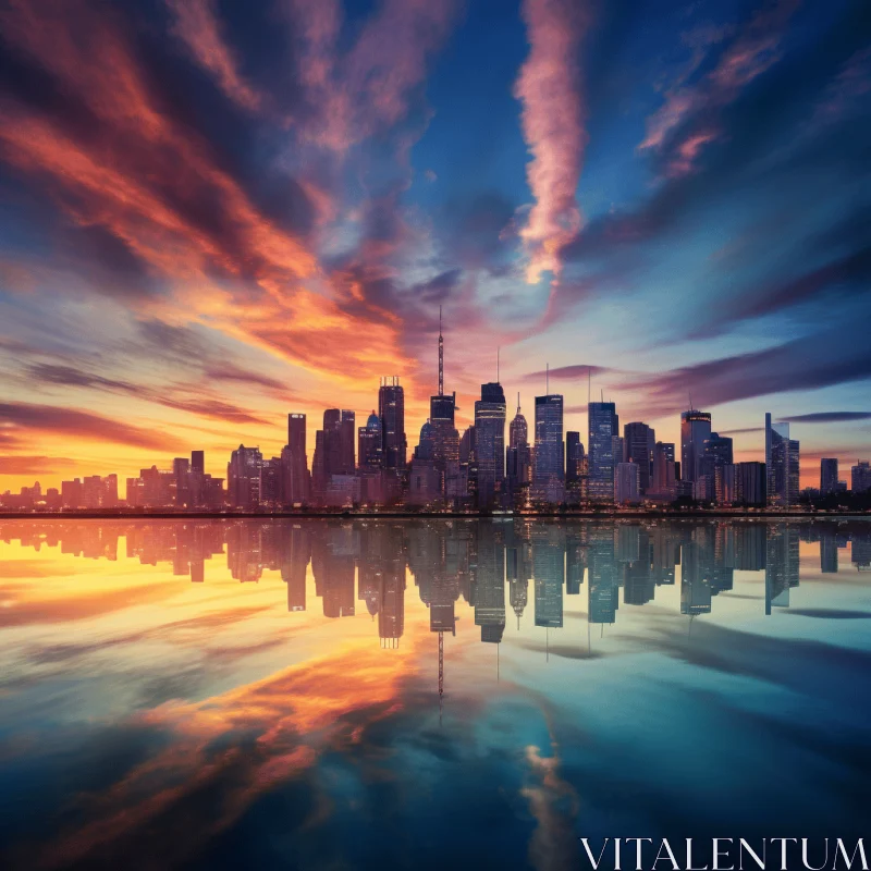 Captivating City Skyline Reflection at Sunset | Vibrant and Realistic Image AI Image