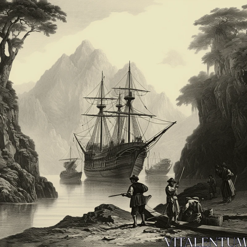 Mysterious Black and White Photo: Pirates on a Mountainous Sea AI Image