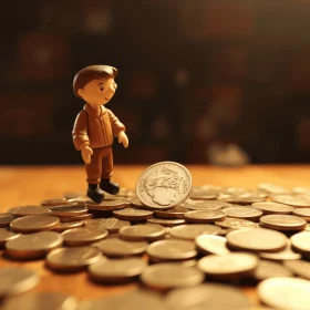 Playful Cartoon Character on Coin Stack | Animated Film Style