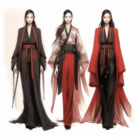 Captivating Oriental Fashion Design in Dark Crimson and Light Black