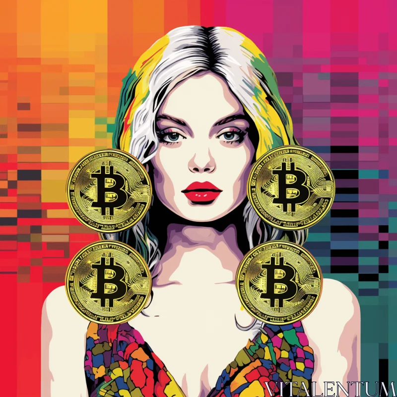 Woman with Multiple Bitcoins: A Pop Art Masterpiece AI Image