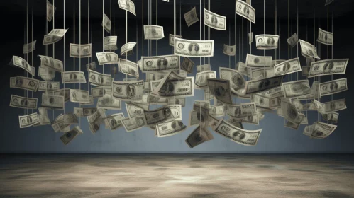 Captivating Money Art: Dollar Bills Falling from Strings in a Room