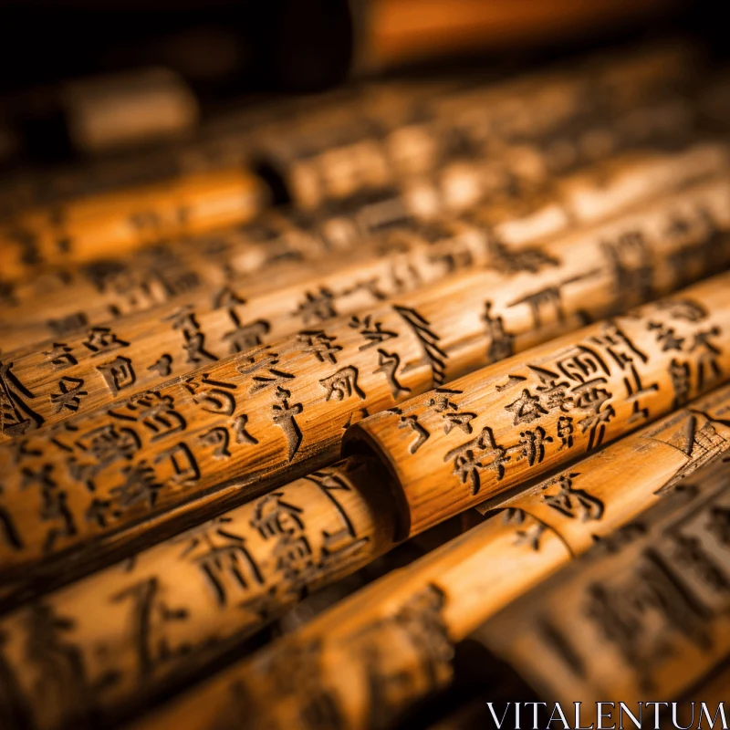 Captivating Bamboo Engravings: Intricate Asian Writing in Skillfully Lit Composition AI Image