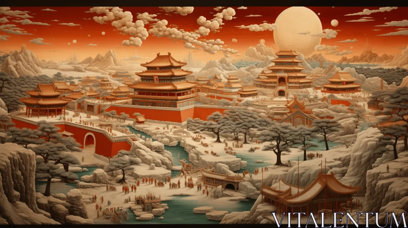 Captivating Asian Painting: Chinese City Enveloped in Ash Cloud AI Image