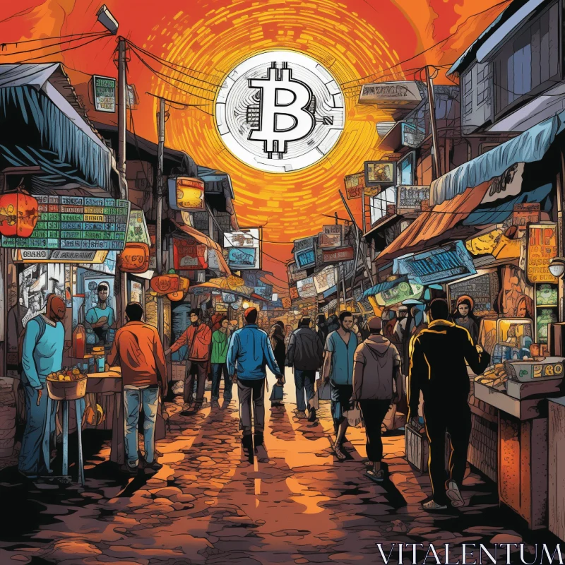AI ART Bitcoin Market Poster: Captivating Comic Book Art in a Bustling City