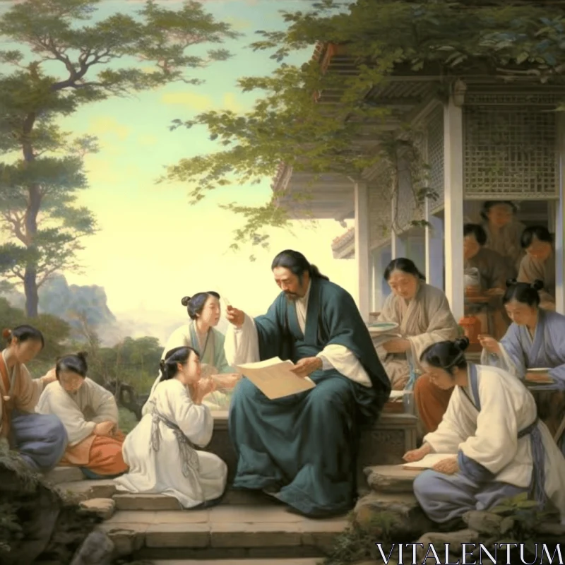 Captivating Oriental Characters and Group of People | Quiet Contemplation in Pastoral Settings AI Image