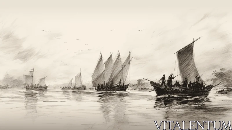 Enchanting Drawing of Boats on Water | Orientalist Imagery AI Image