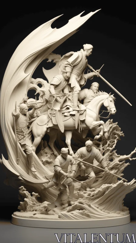 AI ART Hyper-Detailed 3D Printed Statue of Warriors and Knight in Chinese Landscape Style