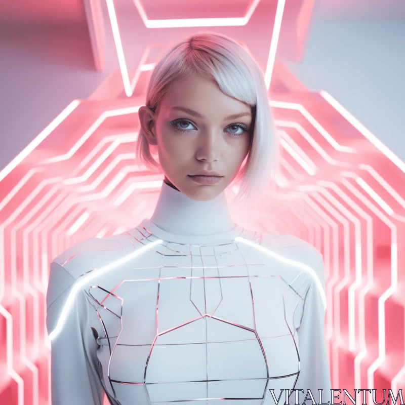 Captivating Futuristic Fashion: Neon Adorned Woman in Intense Gaze AI Image