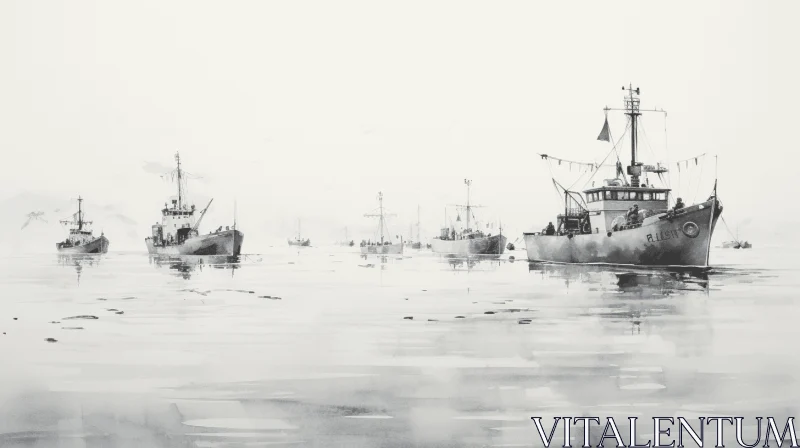 Enchanting Black and White Boats in Fog - Captivating Artwork AI Image