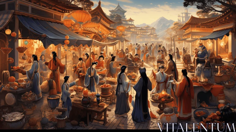 Enchanting Oriental Village Market | Mythological Concept Art AI Image