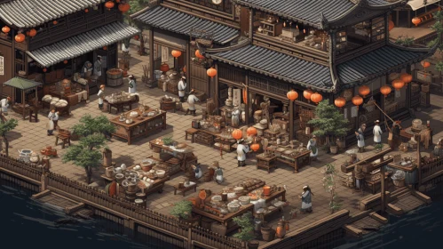 Captivating Asian Village Scene: Realistic Isometric Artwork