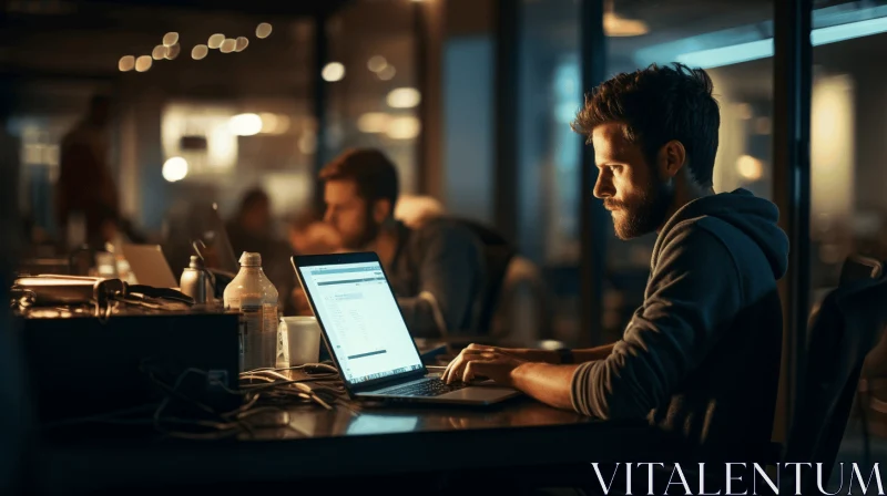 Nighttime Work: A Man Using a Laptop in Dark Teal and Light Amber AI Image