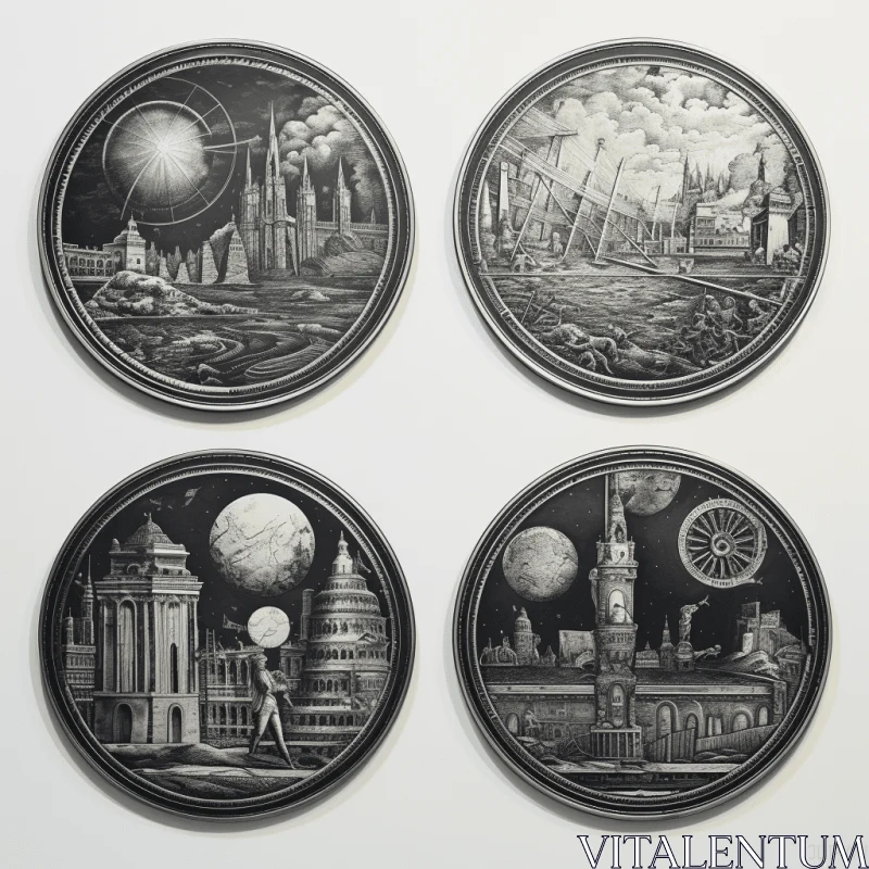 Intricate Fine Art Silver Plates: Sky and Places Collection AI Image